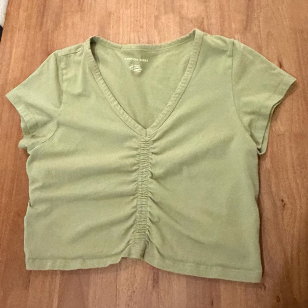 American Eagle Ruched Front Cropped T-Shirt – Light Green, XL